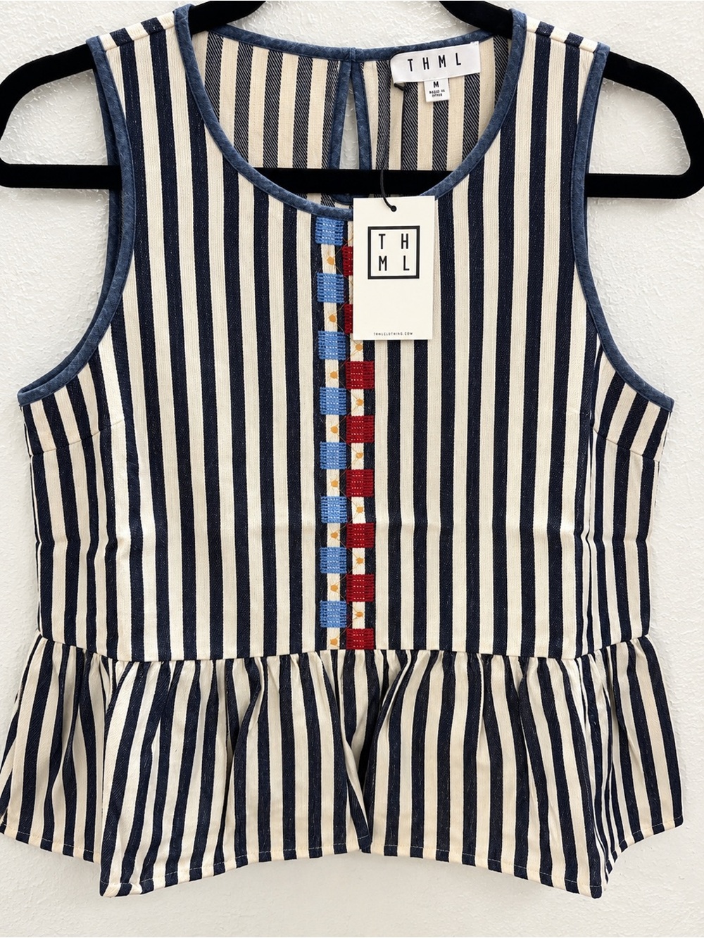 THML Navy & Cream Striped Peplum Tank with Red and Blue Accent Trim